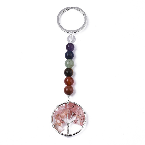 PandaHall Cherry Quartz Glass Chips Chakra Keychain, with Platinum Plated Stainless Steel Split Key Rings and Mixed Stone Round Beads, Flat...