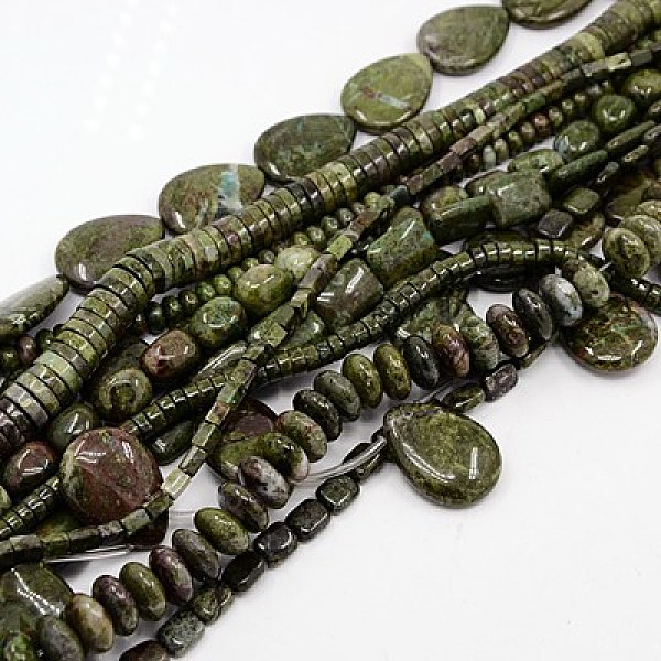 PandaHall Natural Green Rainforest Stone Beads Strands, Mixed Shapes, 5~50x4~38x4~6mm, Hole: 1mm, about 14~127pcs/strand, 15.7inch~16.93inch...