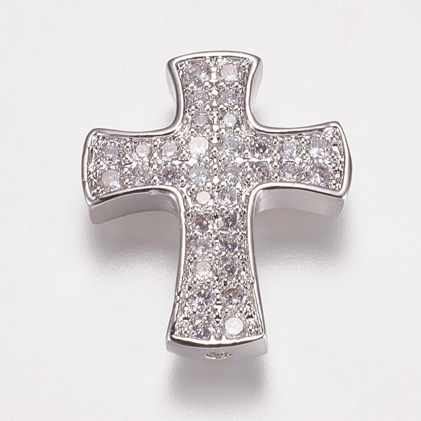 PandaHall Brass Micro Pave Cubic Zirconia Beads, Cross, Platinum, 23.5x19.5x3.5mm, Hole: 1.5mm Brass+Cubic Zirconia Cross