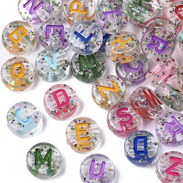 PandaHall Transparent Acrylic Beads, Horizontal Hole, with Glitter Powder & Enamel, Flat Round with Mixed Letters, Mixed Color, 10x5mm, Hole...