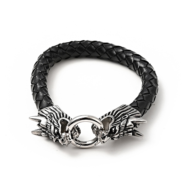 PandaHall Leather Braided Round Cord Bracelet, 304 Stainless Steel Dragon Head Clasps Gothic Bracelet for Men Women, Antique Silver, 8-3/4...