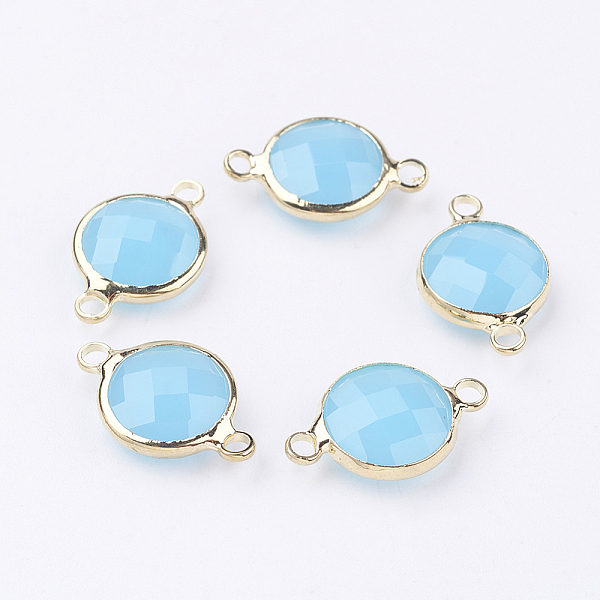 PandaHall Golden Tone Brass Glass Links connectors, Faceted, Flat Round, Light Blue, 16x10.5x4mm, Hole: 1.5mm Glass Flat Round Blue