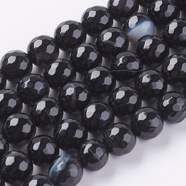 PandaHall Natural Black Striped Agate/Banded Agate Beads Strands, Faceted, Dyed, Round, Black, 8mm, Hole: 1mm, about 48pcs/strand, 15 inch...