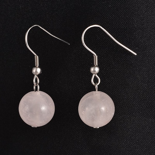 PandaHall Round 304 Stainless Steel Natural Rose Quartz Dangle Earrings, 35mm, Pin: 0.8mm Rose Quartz