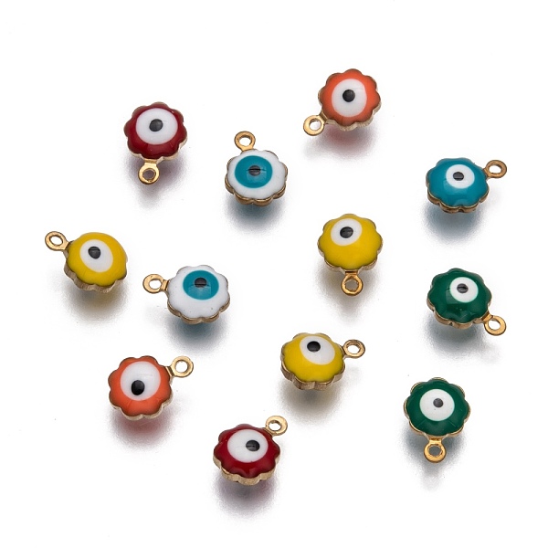 PandaHall Golden Tone Brass Enamel Charms, Flower with Eye, Mixed Color, 9x7x5mm, Hole: 1mm Brass+Enamel Flower Multicolor