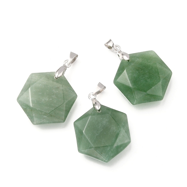 PandaHall Faceted Natural Green Aventurine Pendants, with Platinum Tone Brass Findings, Hexagon, 28x25x9mm, Hole: 4x5mm Green Aventurine...