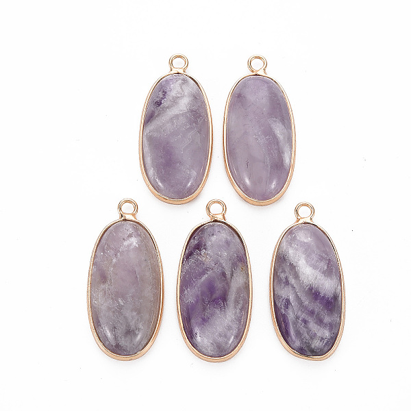 PandaHall Natural Amethyst Pendants, with Golden Plated Brass Edge and Loop, Oval, 33x15x6mm, Hole: 2.5mm Amethyst Oval