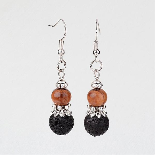 PandaHall Natural Lava Rock Dangle Earrings, with Wood Beads and Metal Findings, 48mm, Pin: 0.6mm Lava Rock