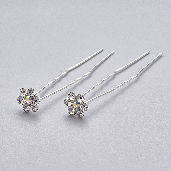 PandaHall Iron Hair Forks, with Rhinestone, Flower, Silver Color Plated, 67mm, Flower: 11x10mm Iron