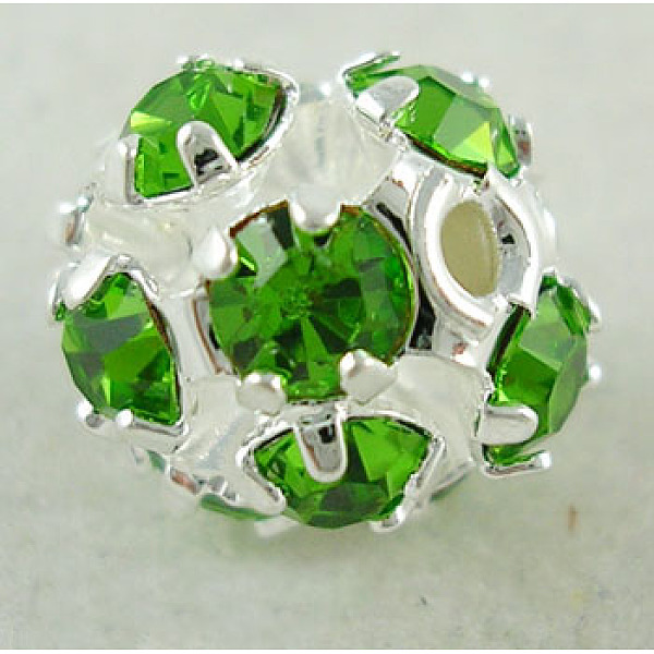 PandaHall Brass Rhinestone Beads, Grade A, Nickel Free, 12 Facets, Round, Silver Color Plated, Lt. Green, about 10mm in diameter, hole...