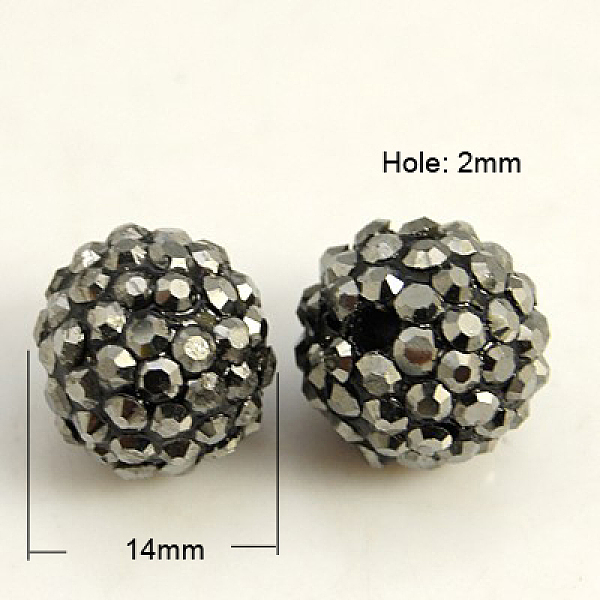 PandaHall Resin Rhinestone Beads, Grade A, Round, Hematite, 14mm, Hole: 2mm Resin+Rhinestone Round