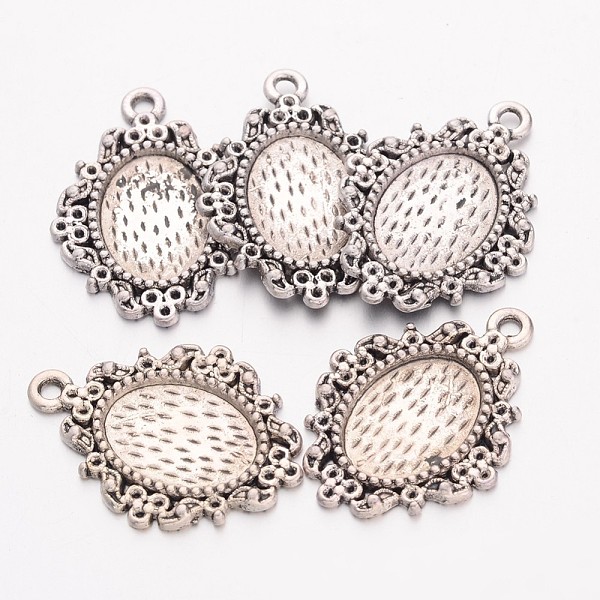 PandaHall Alloy Pendant Cabochon Settings, Cadmium Free & Lead Free, Oval, Antique Silver, Tray: 14x10mm, 26x19x2mm, Hole: 1.5mm Alloy Oval