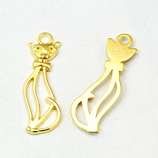 PandaHall Tibetan Style Alloy Kitten Pendants, Hollow, Cat Shape, Golden, Lead Free and Cadmium Free, 34x12x2mm, Hole: 3mm Alloy Cat