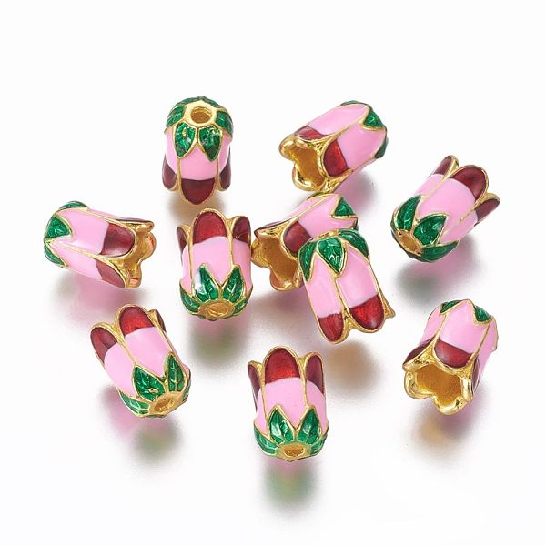 PandaHall Alloy Bead Caps, with Enamel, 5-Petal, Light Gold, Pink, 11x8mm, Hole: 2mm Alloy+Enamel Pink