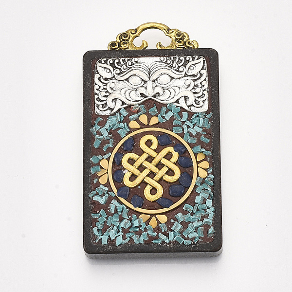 PandaHall Handmade Indonesia Big Pendants, Wood Settings, with Brass Findings and Alloy Loop, Rectangle with Chinese Knot, Dark Turquoise...