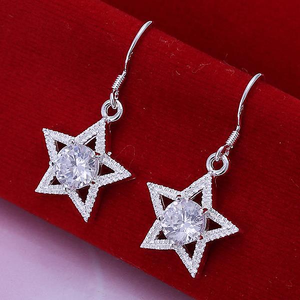 PandaHall Star Brass Cubic Zirconia Dangle Earrings, Silver Color Plated, 33x16mm Cubic Zirconia Silver