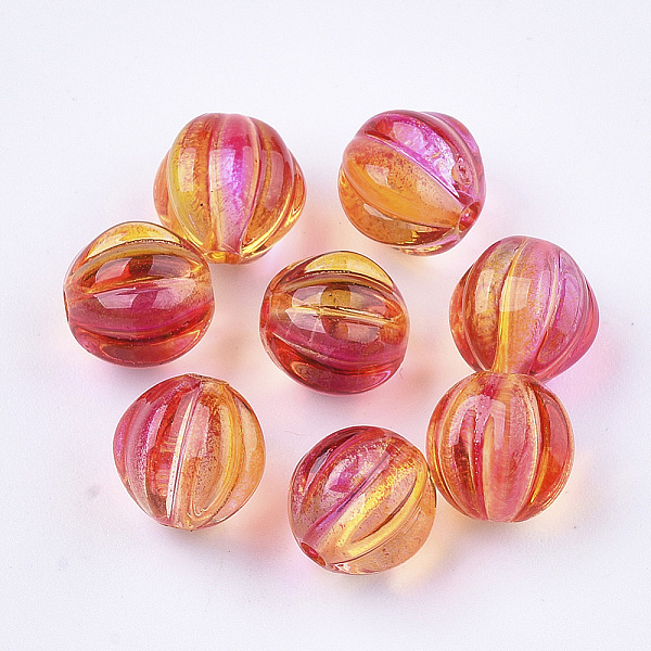 PandaHall Two Tone Transparent Spray Painted Acrylic Corrugated Beads, Round, Orange Red, 7.5x8x7.5mm, Hole: 1.5mm Acrylic Round Red