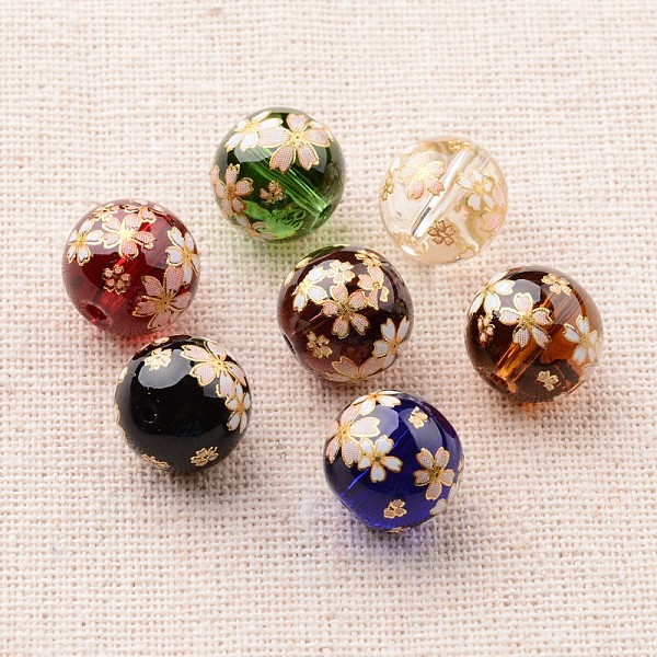 PandaHall Flower Picture Printed Glass Round Beads, Mixed Color, 12mm, Hole: 1mm Glass Round Multicolor