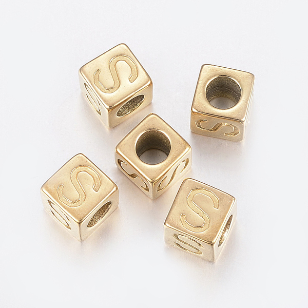 PandaHall 304 Stainless Steel Large Hole Letter European Beads, Horizontal Hole, Cube with Letter.S, Golden, 8x8x8mm, Hole: 5mm 304...