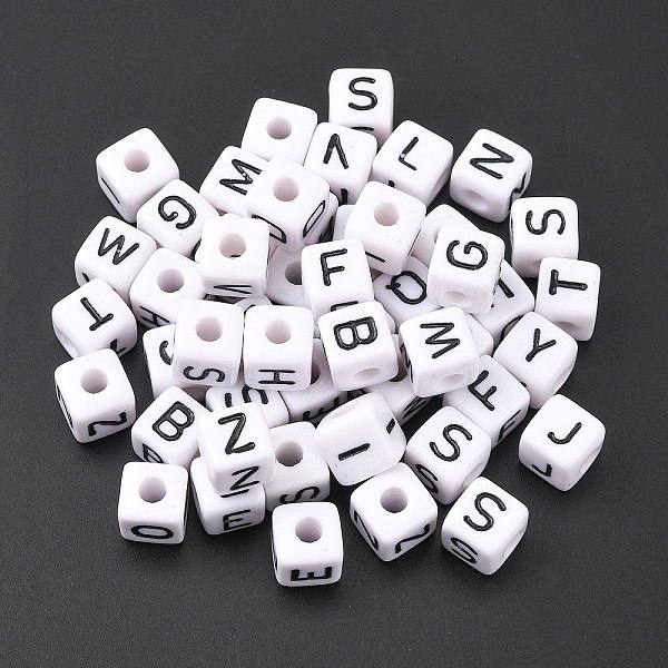 PandaHall Large Hole Acrylic European Beads, Horizontal Hole, White & Black, Cube with Letter, Mixed, 10x10x10mm, Hole: 4mm Acrylic Cube...