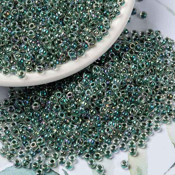 PandaHall MIYUKI Round Rocailles Beads, Japanese Seed Beads, 8/0, (RR277) Lime Lined Crystal AB, 3mm, Hole: 1mm, about 422~455pcs/10g Glass...