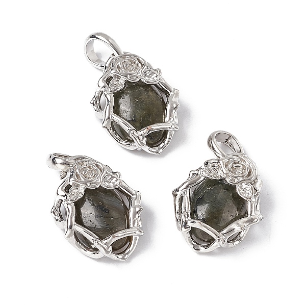 PandaHall Natural Labradorite Pendants, Oval Charms, with Platinum Tone Brass Rose Findings, Cadmium Free & Nickel Free & Lead Free...