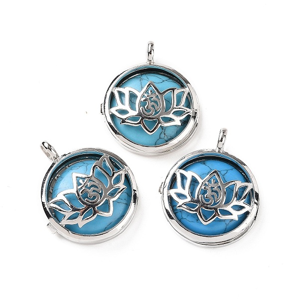 PandaHall Synthetic Turquoise Locket Pendants, Flat Round Charms, with Platinum Plated Brass Lotus Findings, 31.5x27x9mm, Hole: 4.6mm...