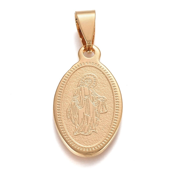 PandaHall 304 Stainless Steel Pendants, Oval with Virgin Mary, Golden, 27x15x1.5mm, Hole: 3.5x8.5mm 304 Stainless Steel Oval