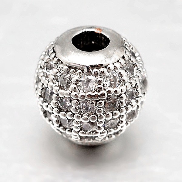 PandaHall Round Brass Micro Pave Cubic Zirconia Beads, Clear, Platinum, 4mm, Hole: 1mm Brass+Cubic Zirconia Round Clear