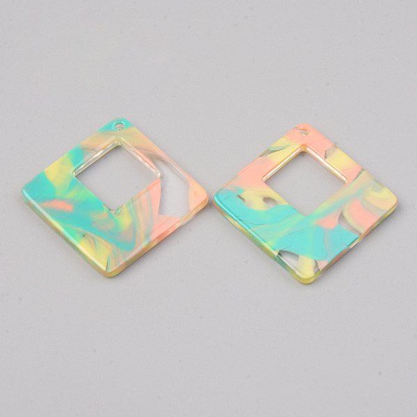 PandaHall Acrylic Pendants, Rhombus, Colorful, 34x34x2mm, Hole: 1.5mm, Side Length: 25x25mm Acrylic Rhombus