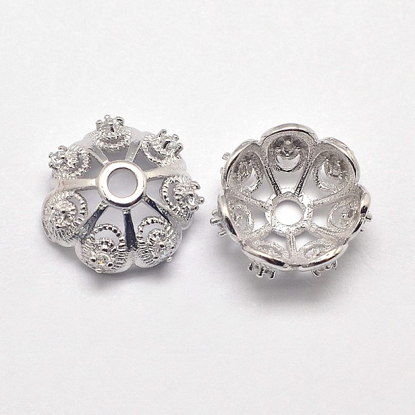 PandaHall CZ Brass Micro Pave Cubic Zirconia Flower Bead Caps, Fancy Bead Caps, Cadmium Free & Nickel Free & Lead Free, Real Platinum Plated...