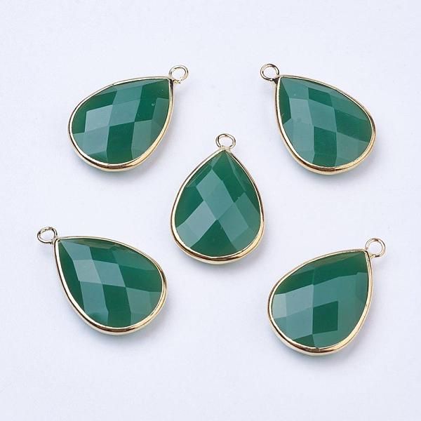 PandaHall Golden Tone Brass Glass Teardrop Pendants, Faceted, Olive Drab, 22x13x5mm, Hole: 2mm Brass+Glass Teardrop Green