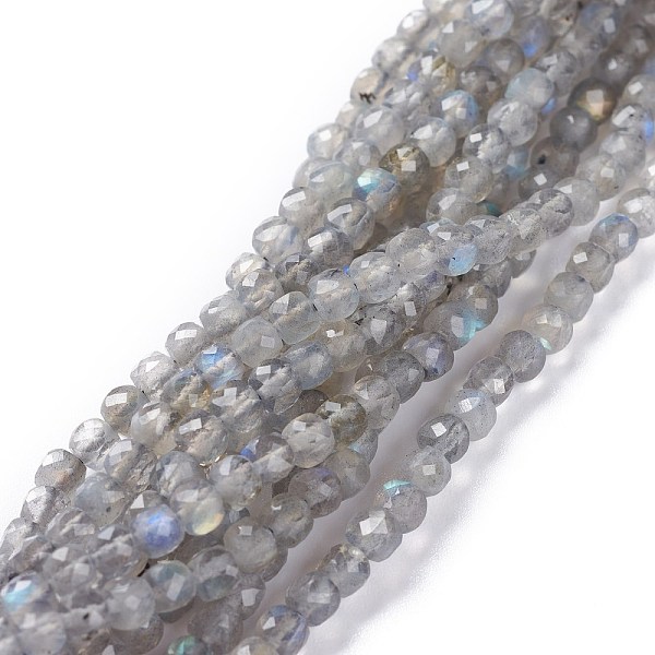 PandaHall Natural Labradorite Beads Strands, Square, Faceted, 4x4x4mm, Hole: 0.9mm, about 91pcs/strand, 15.55inch(39.5cm) Labradorite Square