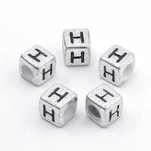 PandaHall Plated Acrylic Beads, Horizontal Hole, Cube with Letter, Antique Silver, Letter.H, 6mm, Hole: 3mm, about 3000pcs/500g Acrylic Cube