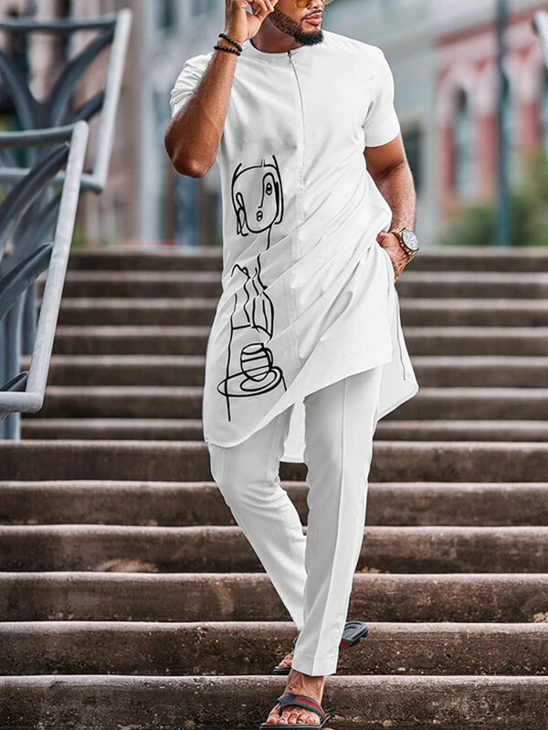 Men Abstract Face Longline T-Shirt & Pants 2 Piece Set