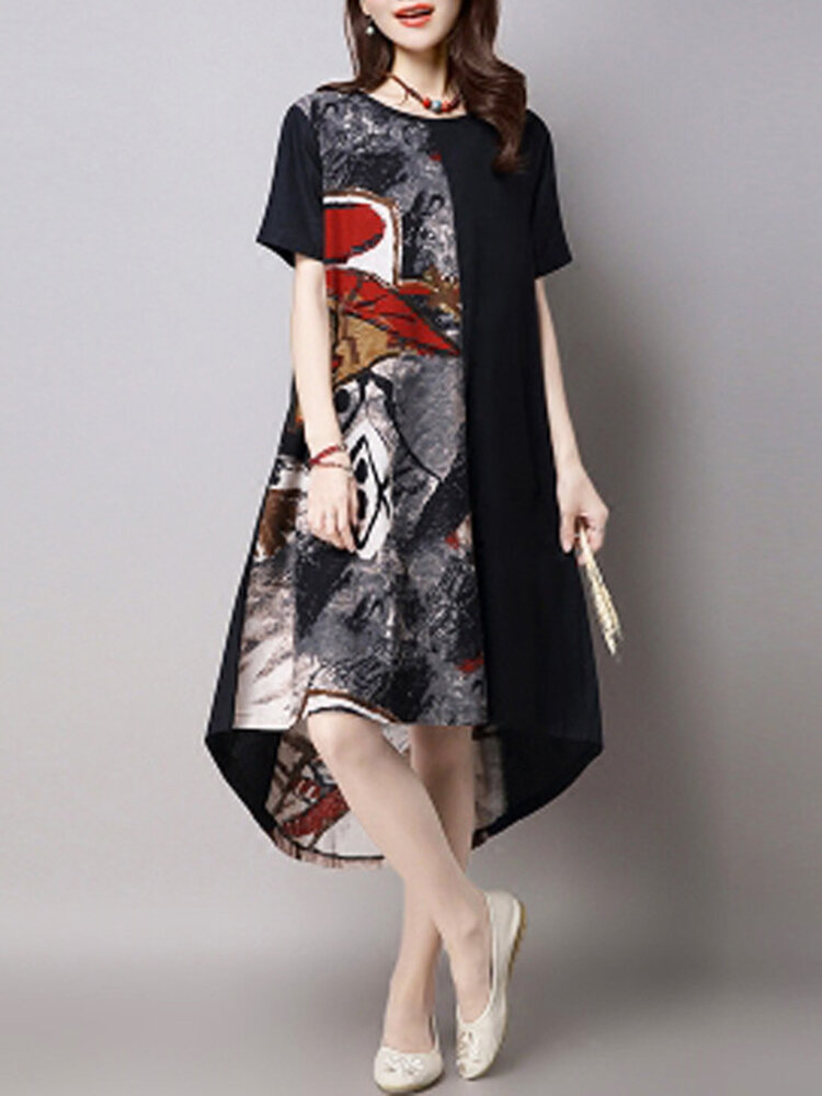 Vintage Women Short Sleeve Printed Patchwork High Low Dress