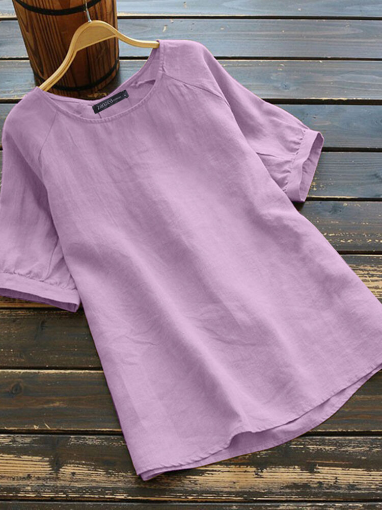 Cotton Solid Round Neck Short Sleeve Casual Blouse