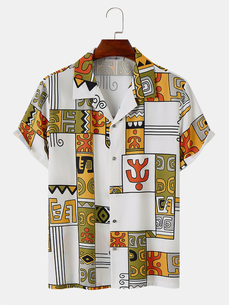 Mens Tribal Figure Printed Short Sleeve Skin Friendly Shirts