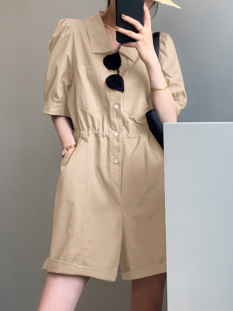 Solid Button Pocket Elastic Waist Lapel Short Sleeve Casual Romper