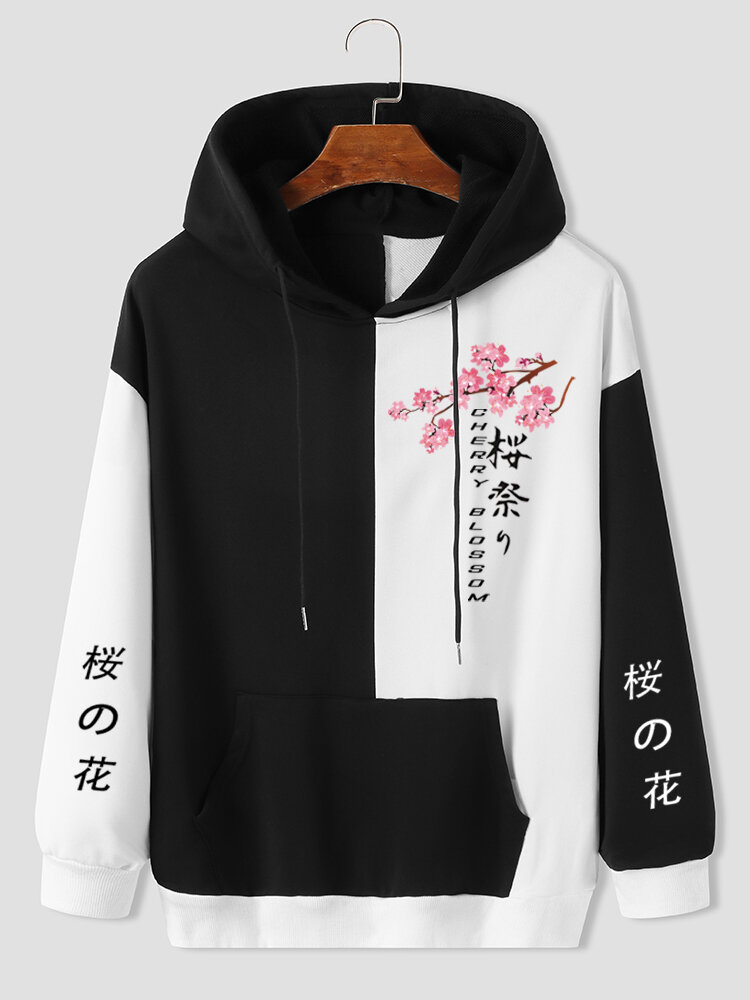 Mens Sakuras Letters Printed Pocket Long Sleeve Hoodies