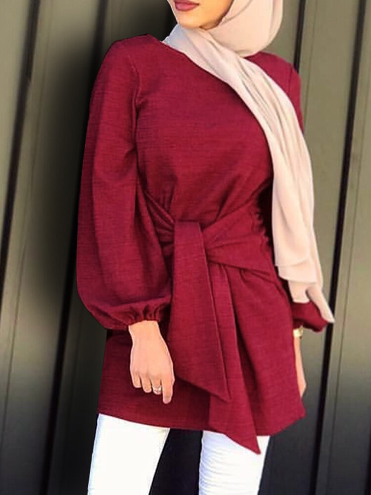 Women Puff Sleeve Solid Round Neck Bandage Casual Belted Blouses