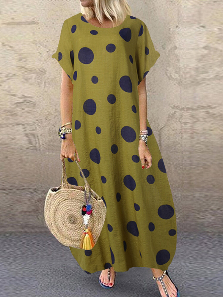 Polka Dot Print O-neck Loose Bohemian Long Maxi Dress