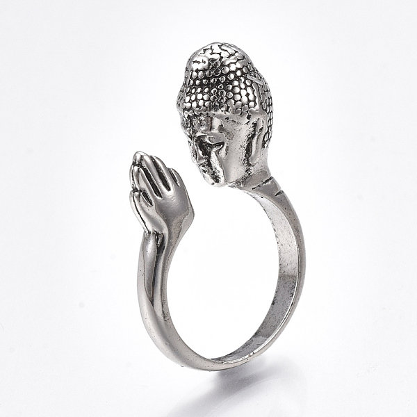 PandaHall Alloy Cuff Finger Rings, Wide Band Rings, Buddha, Antique Silver, US Size 8 1/2(18.5mm) Alloy