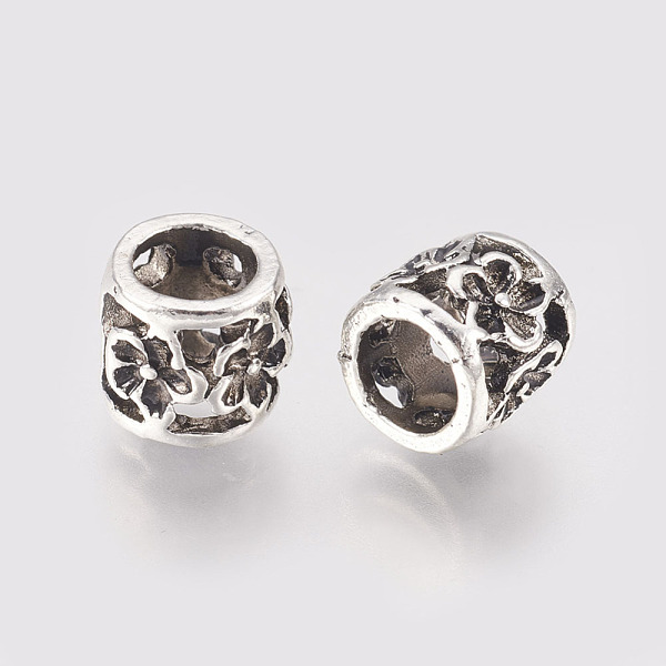 PandaHall Hollow Alloy Beads, Large Hole Beads, Column with Flower, Antique Silver, 9.5x8.5mm, Hole: 6mm Alloy Column